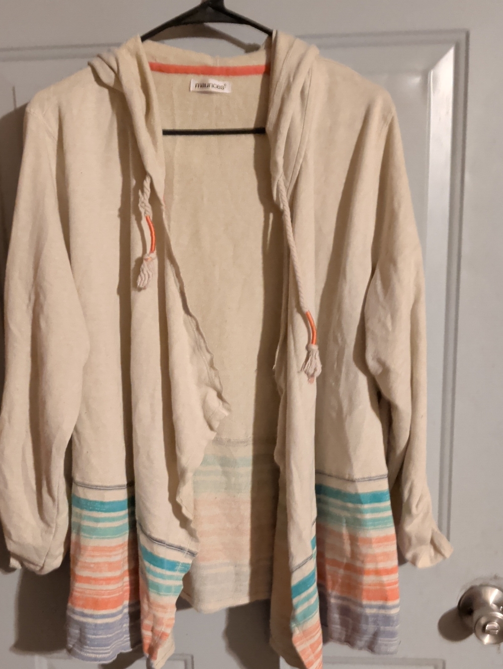 Maurices Cream Hooded Open Cardigan with Pastel Stripe Hem